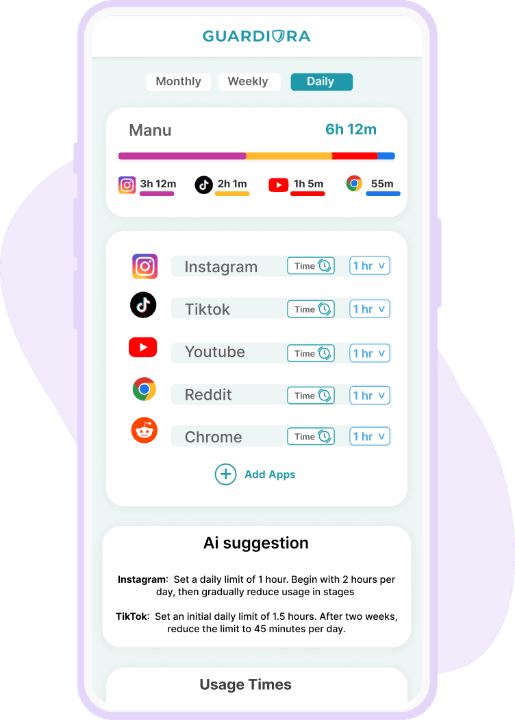 Guardiora app - Daily app usage and screen time limits