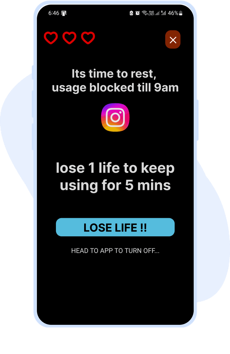 Guardiora app - Gamified usage blocked screen with life system