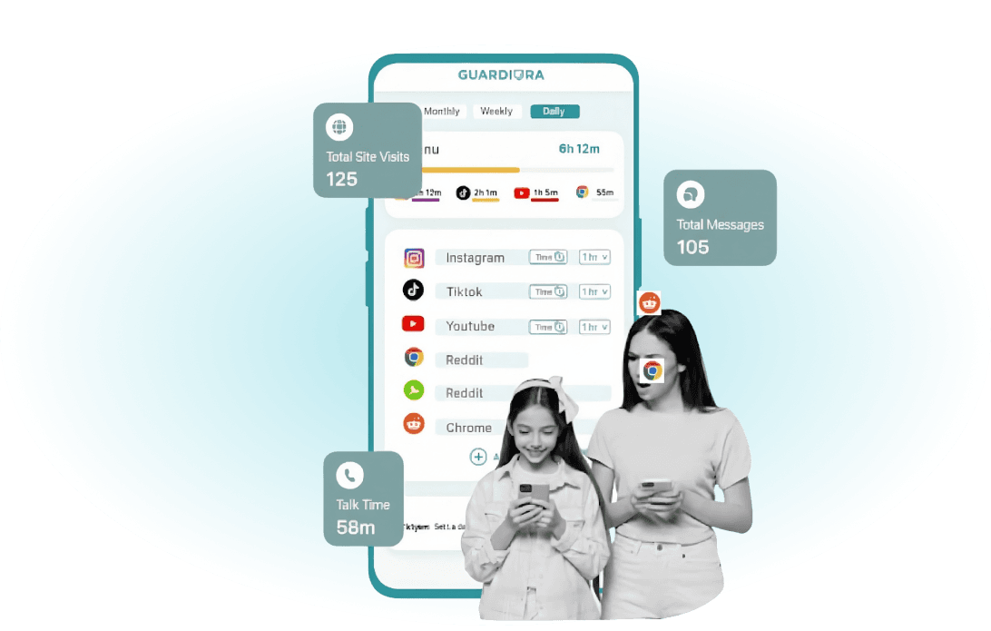 Guardiora app - Parent and child using screen time management