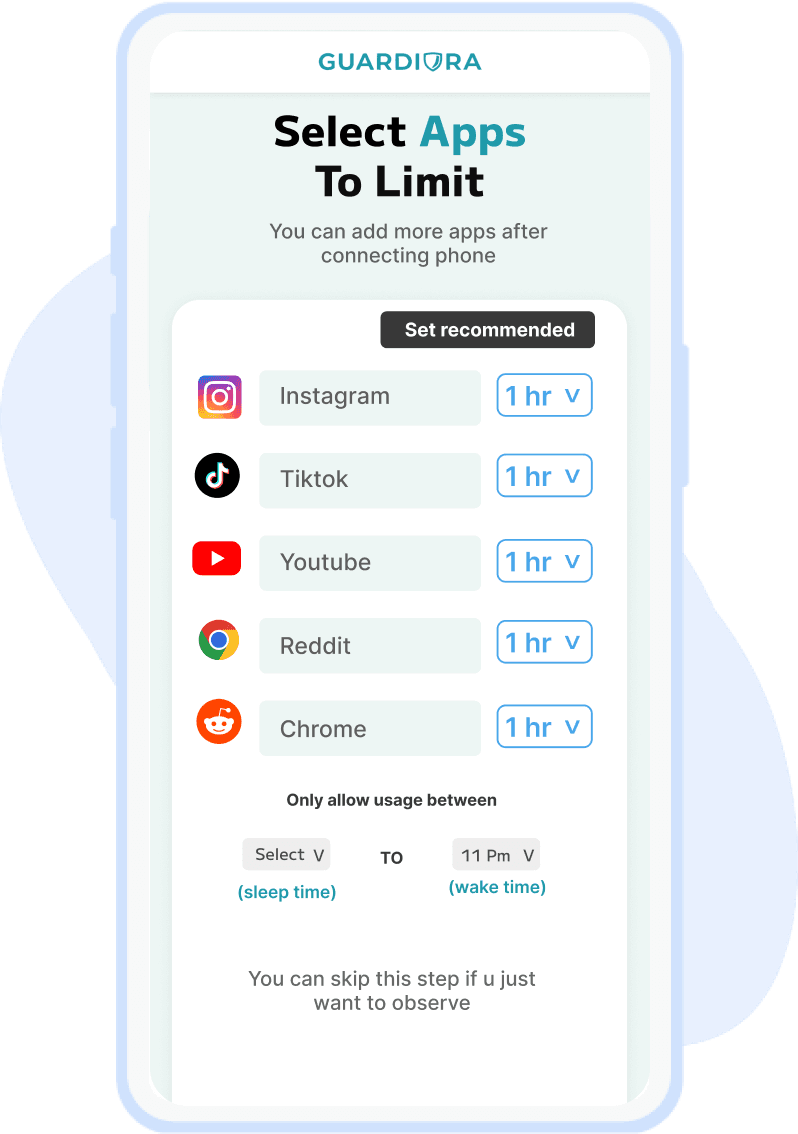 Guardiora app - Select apps to limit with usage time settings