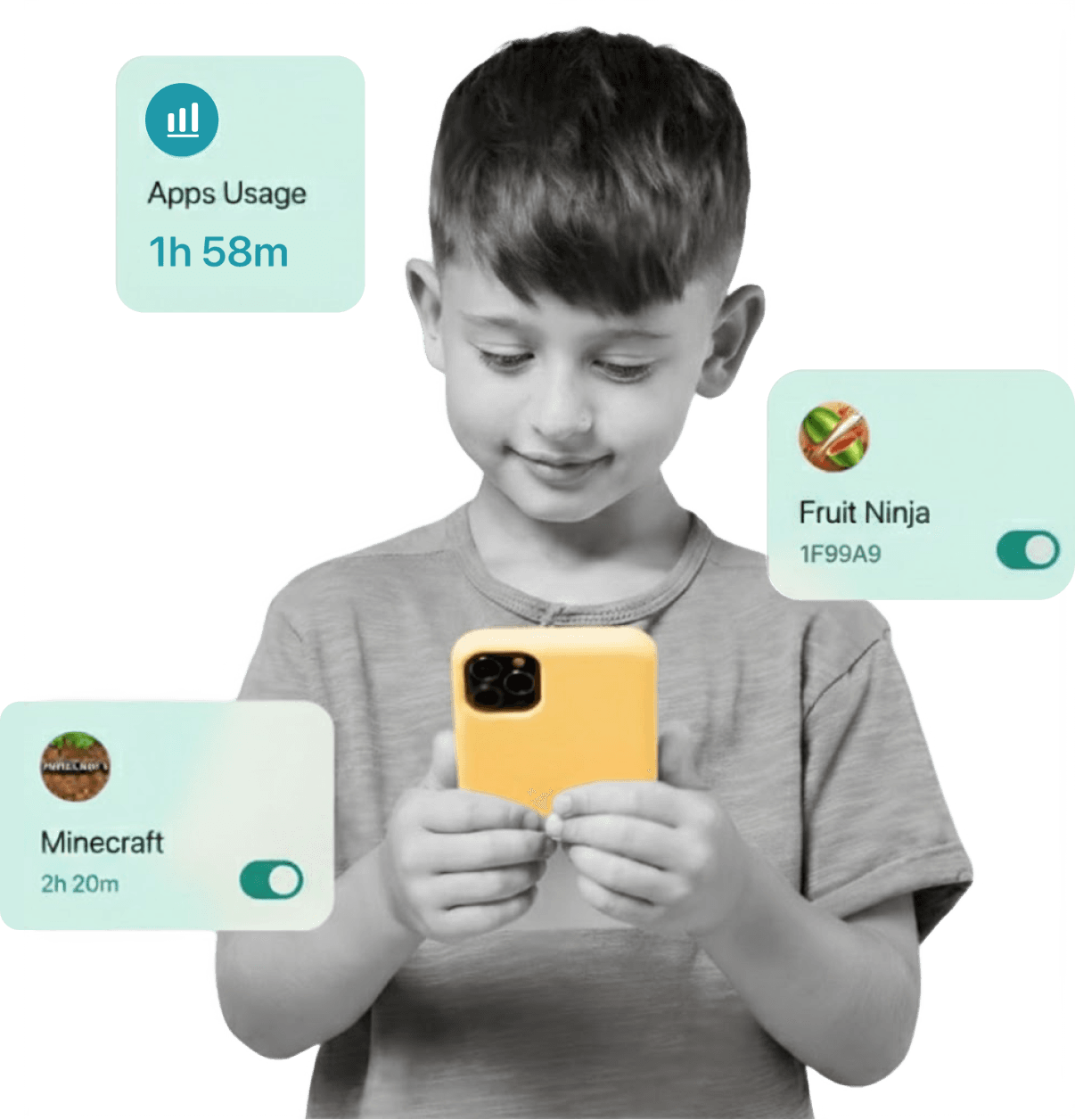 Child using a phone with gamified screen control app cards around them