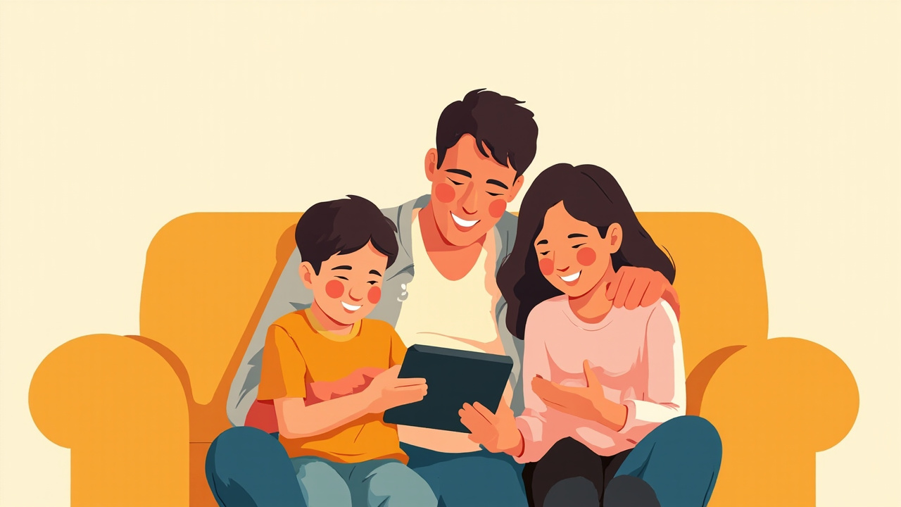 A family sitting together looking at a device — the kind of open, shared moment that platform design should support